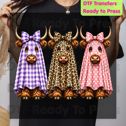 Highland Cow Ghost DTF Transfers, Halloween Spooky Cow Leopard Polka Dot Bow Ready to Press