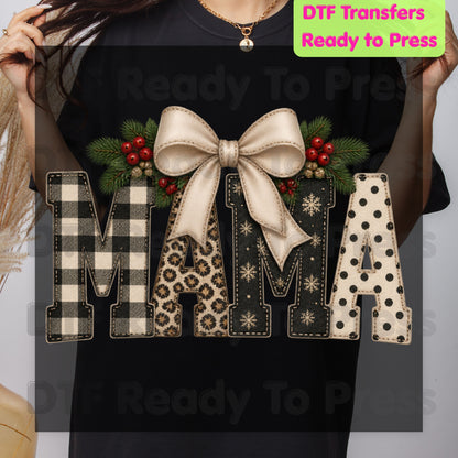 Christmas Mama DTF Transfers, Coquette Bow Buffalo Plaid Leopard Polka Dot Holiday Ready to Press
