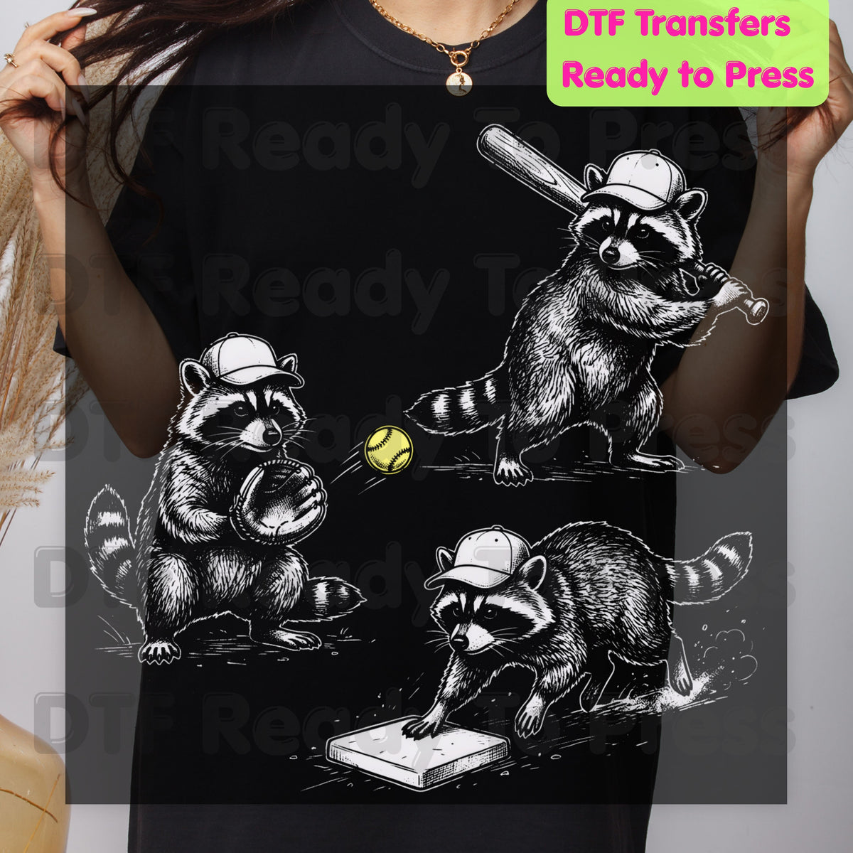 Baseball DTF Transfer, Raccoons Playing Baseball with Yellow Ball Graphic