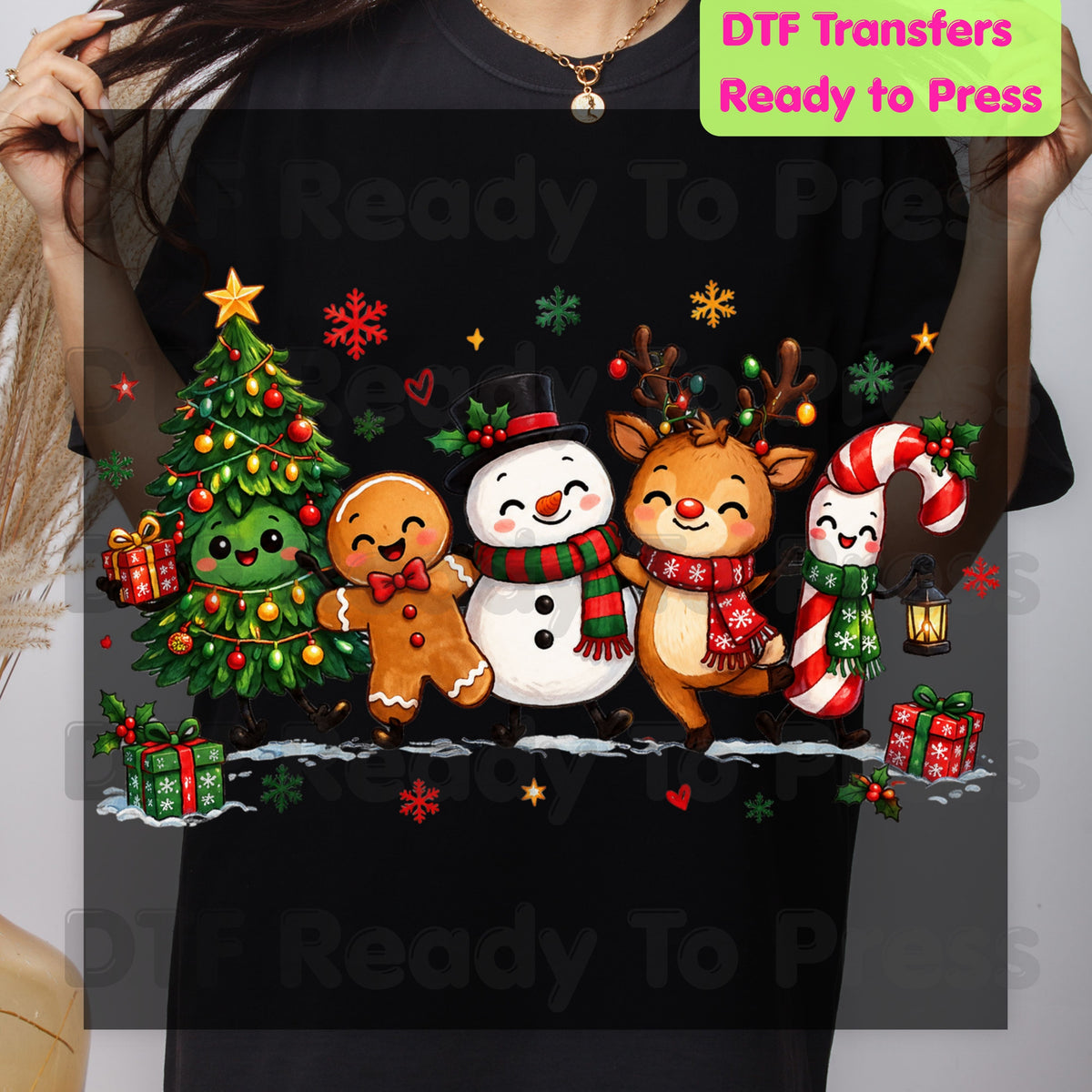 Christmas Friends Squad DTF Transfers, Holiday Reindeer Snowman Christmas Tree Cute Ready to Press