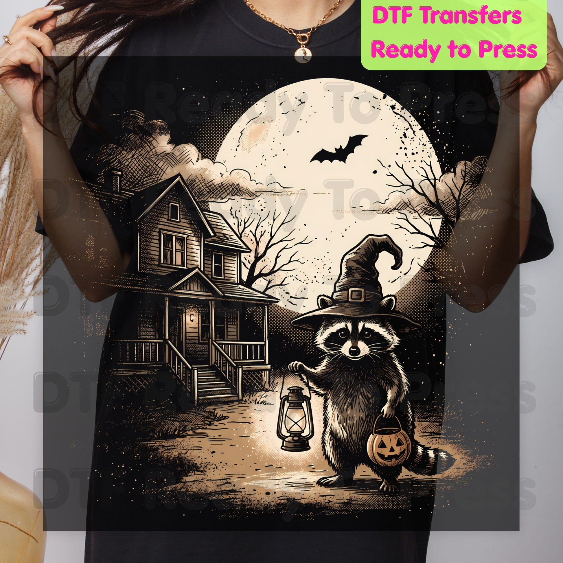 Vintage Halloween Mouse Witch DTF Transfers, Full Moon Pumpkin House Sepia Trick or Treat Spooky Fall Ready to Press