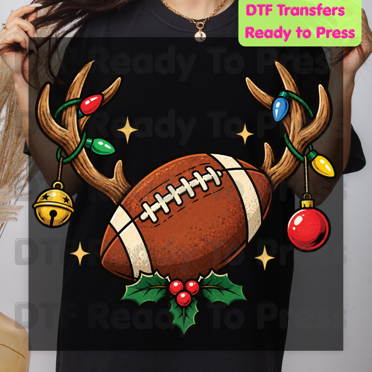 Christmas DTF Transfer, Reindeer Antlers with Football Lights and Holly Graphic