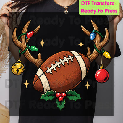 Christmas DTF Transfer, Reindeer Antlers with Football Lights and Holly Graphic