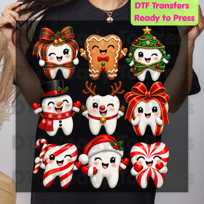 Christmas Dental DTF Transfers, Cute Gingerbread Teeth Dentist Holiday Characters Ready to Press