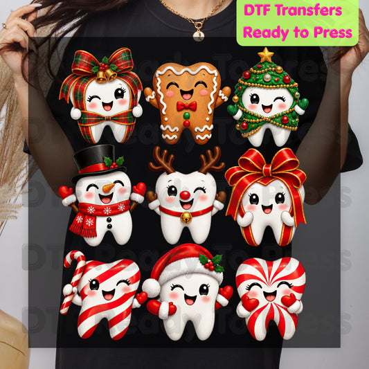 Christmas Dental DTF Transfers, Cute Gingerbread Teeth Dentist Holiday Characters Ready to Press
