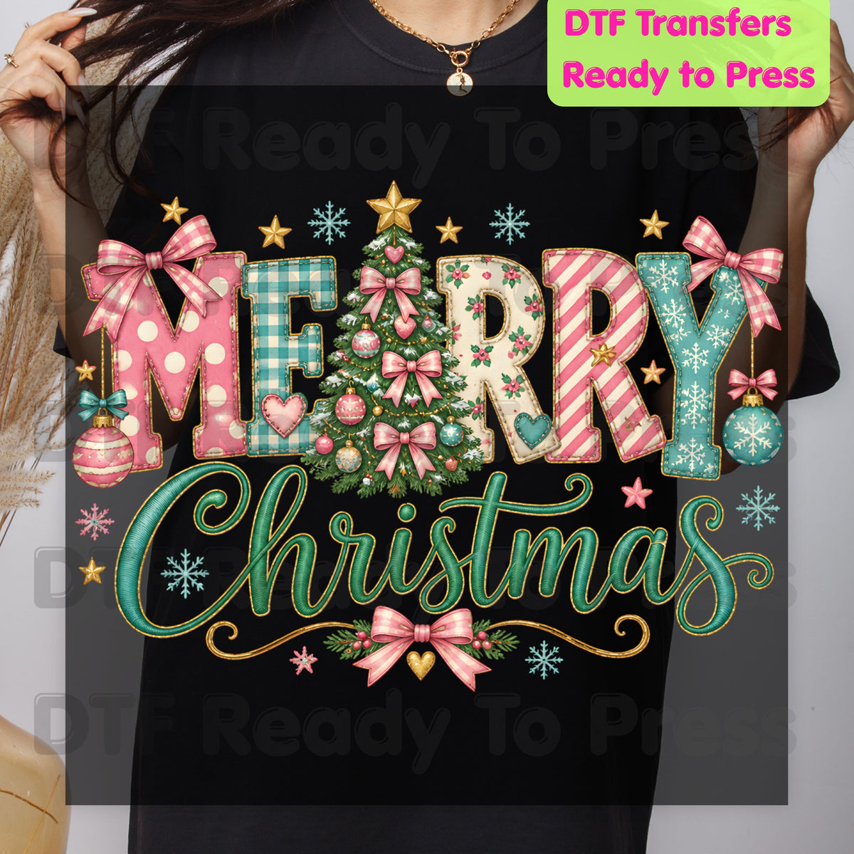 Christmas DTF Transfer, Merry Christmas Tree with Pastel Pink Bows