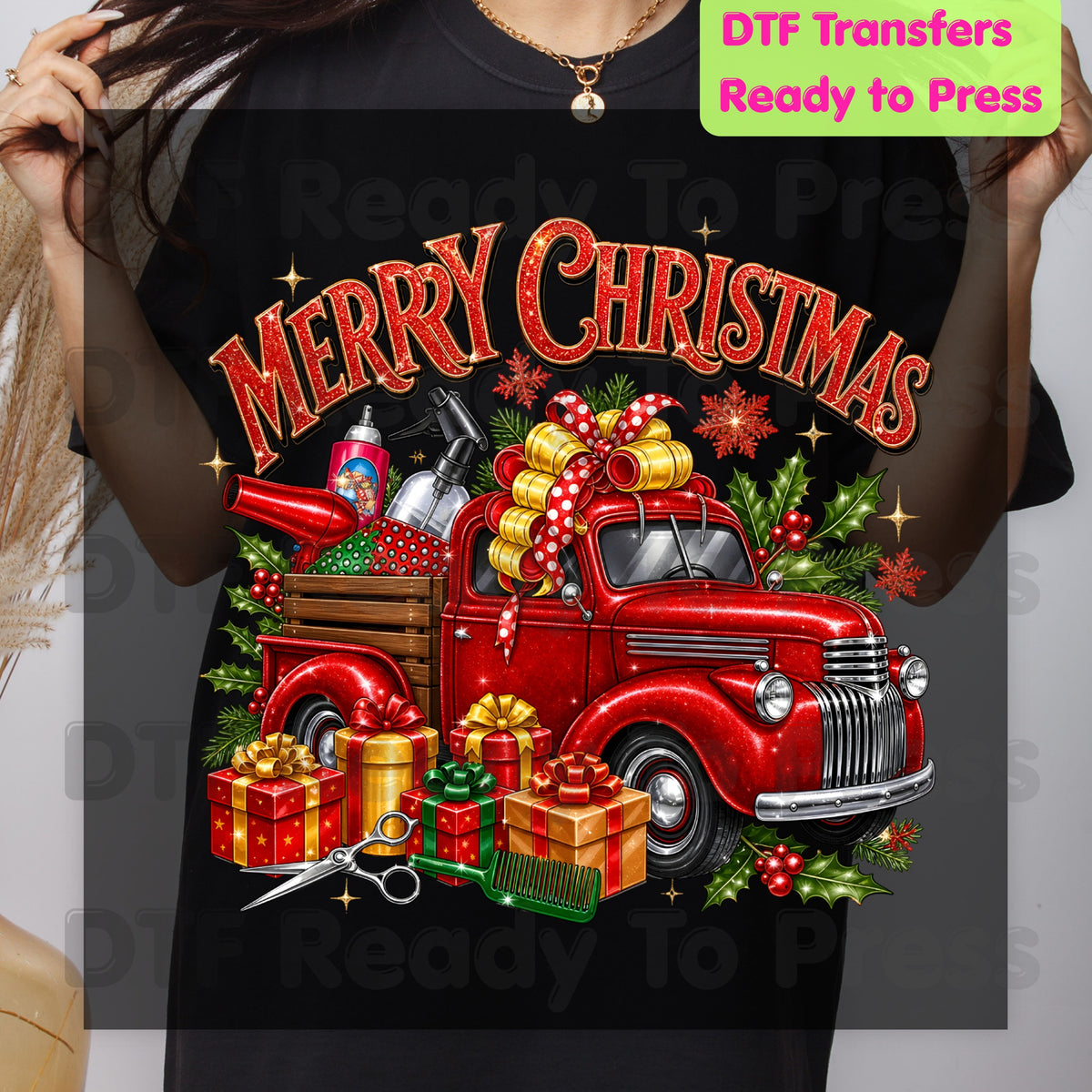 Merry Christmas Red Truck DTF Transfers, Holiday Hair Stylist Salon Presents Graphic Ready to Press
