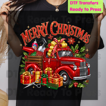 Merry Christmas Red Truck DTF Transfers, Holiday Hair Stylist Salon Presents Graphic Ready to Press