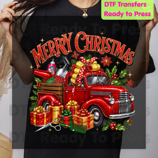 Merry Christmas Red Truck DTF Transfers, Holiday Hair Stylist Salon Presents Graphic Ready to Press