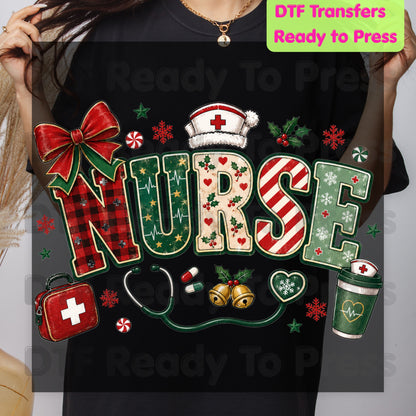Christmas Nurse DTF Transfers, Medical Nursing Plaid Stethoscope Bow Holiday Ready to Press
