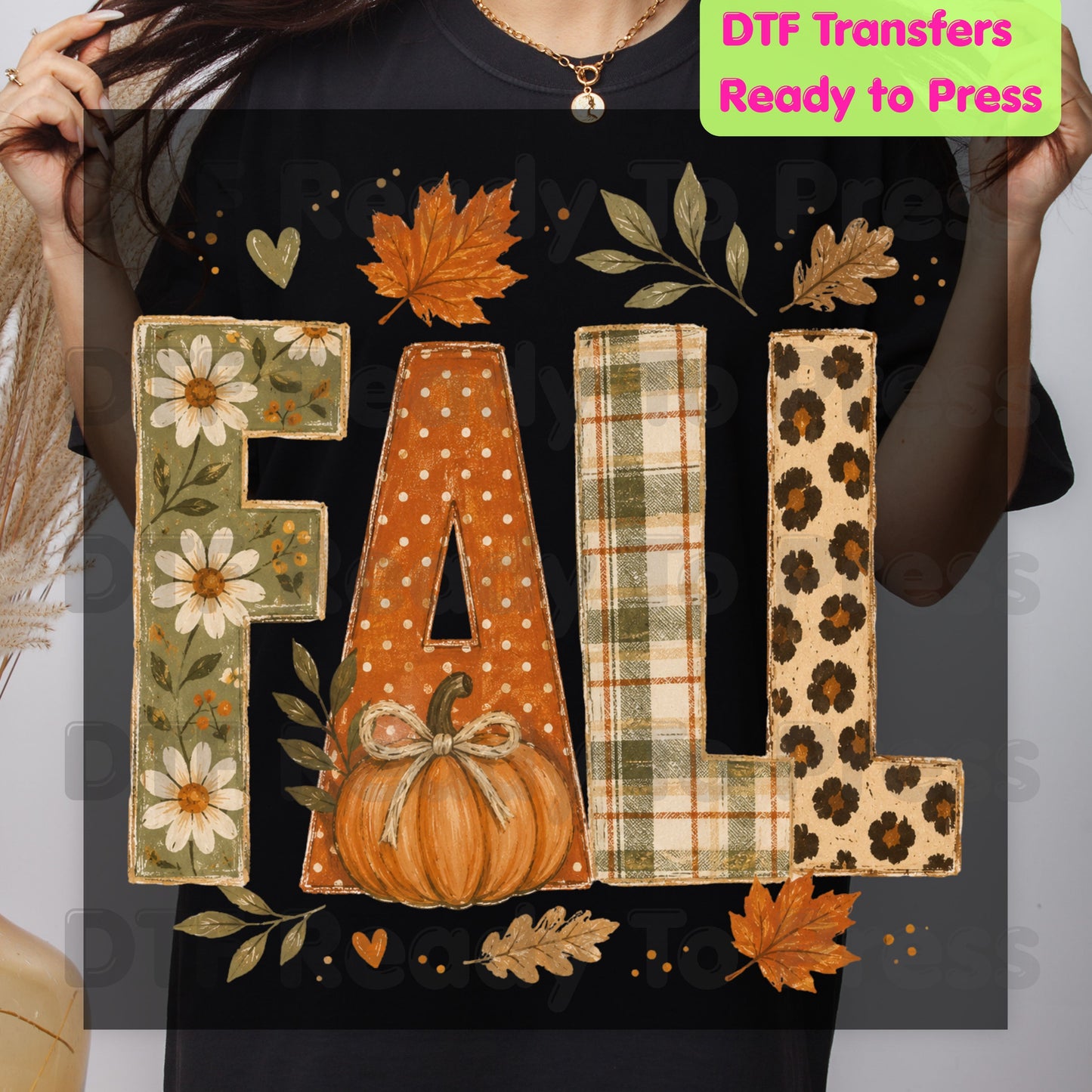 Fall DTF Transfer Ready to Press Autumn Floral Plaid Leopard Letters Heat Transfer for Shirts Pumpkin and Leaves Aesthetic Tees