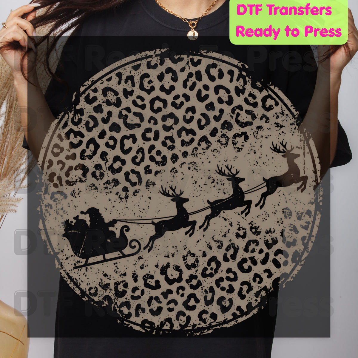 Christmas DTF Transfer, Santa Sleigh and Reindeer, Leopard Print Circle Graphic