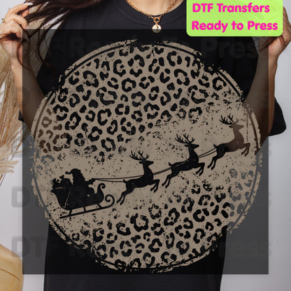 Christmas DTF Transfer, Santa Sleigh and Reindeer, Leopard Print Circle Graphic