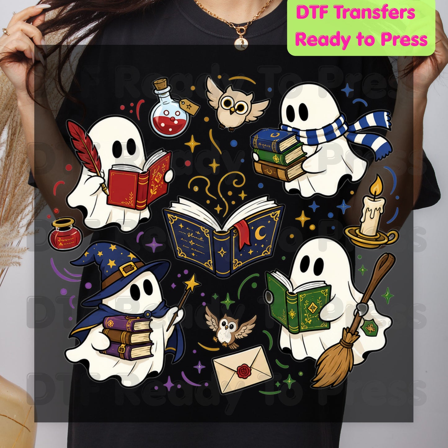 Reading Ghosts DTF Transfers, Spooky Bookish Ghosts Wizard Academy Halloween Ready to Press