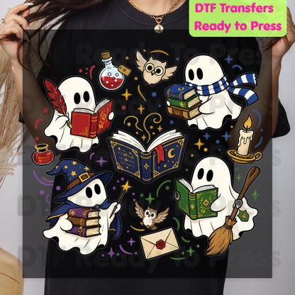 Reading Ghosts DTF Transfers, Spooky Bookish Ghosts Wizard Academy Halloween Ready to Press
