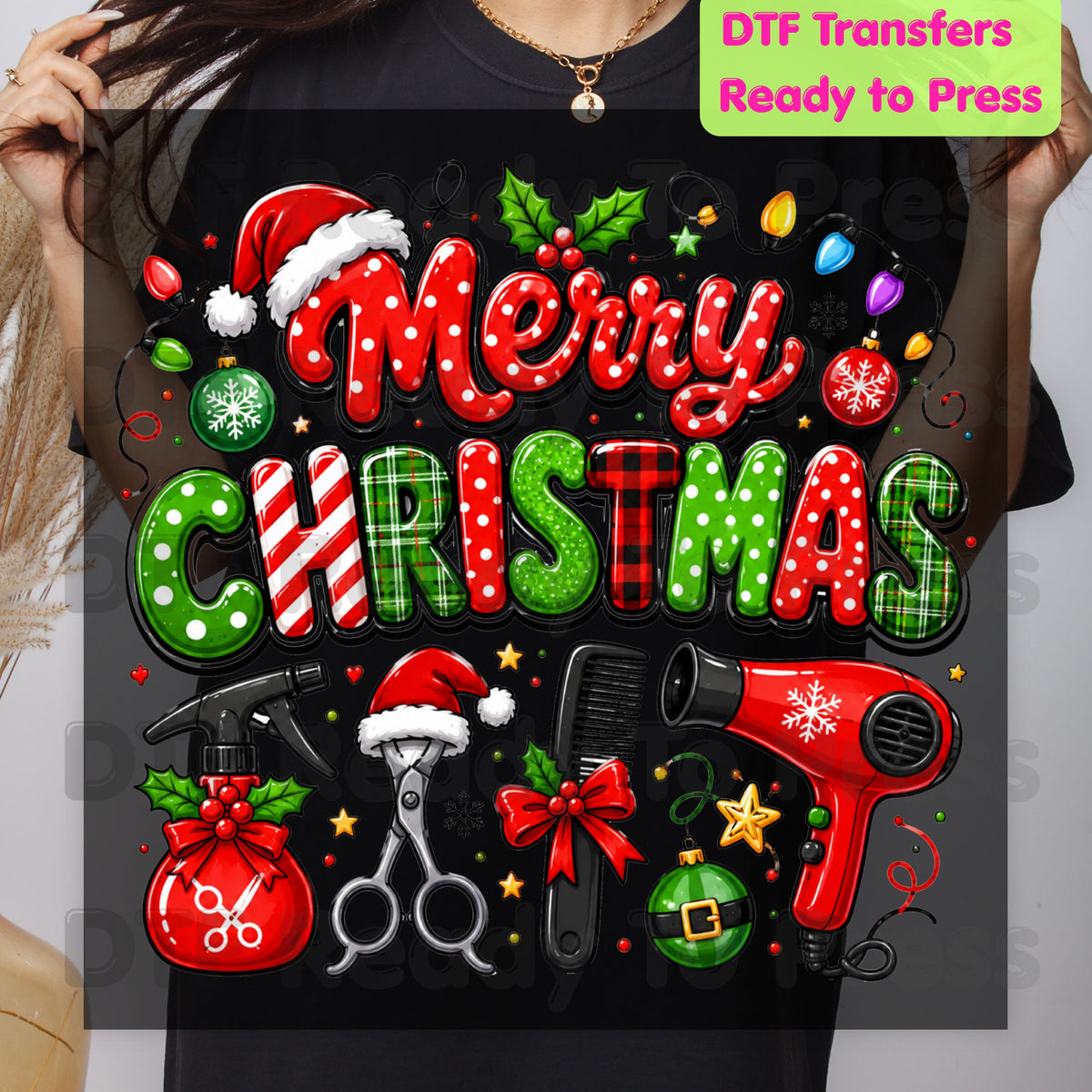Merry Christmas Hairstylist DTF Transfers, Salon Holiday Scissors Hair Dryer Hairdresser Ready to Press