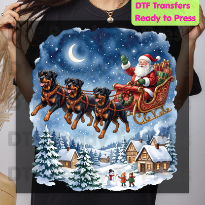Christmas DTF Transfer, Santa Sleigh with Flying Rottweiler Dogs