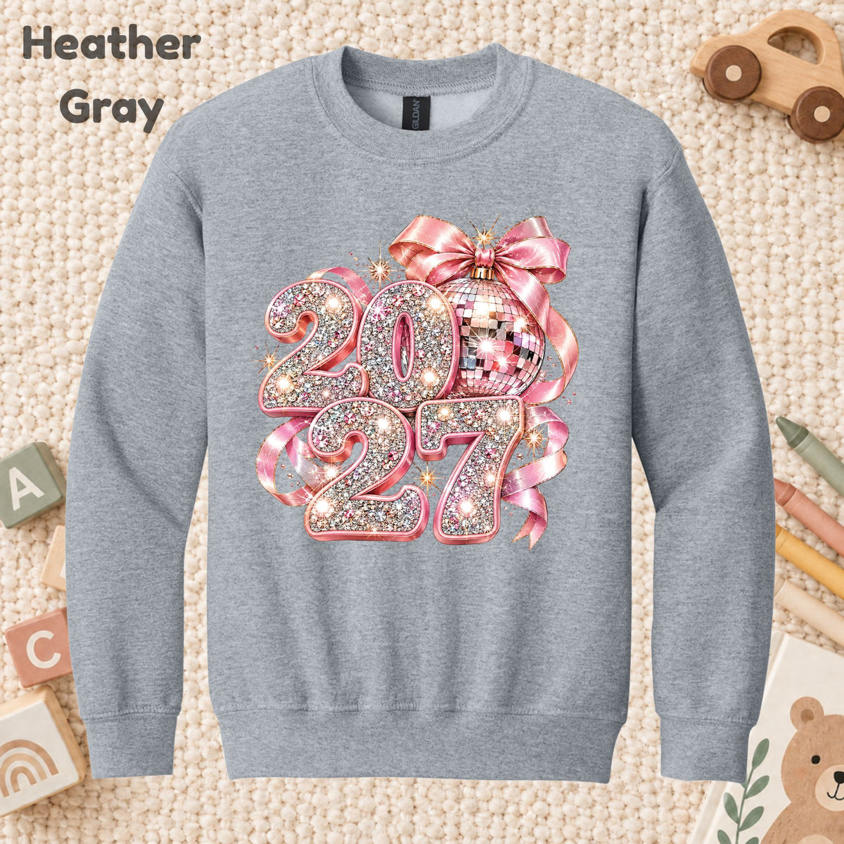 New Year 2027 T-Shirt, Pink Glitter Disco Ball Bow Tee, Sparkly Party Sweatshirt