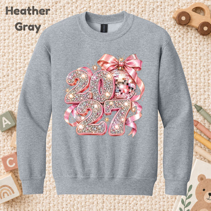 New Year 2027 T-Shirt, Pink Glitter Disco Ball Bow Tee, Sparkly Party Sweatshirt