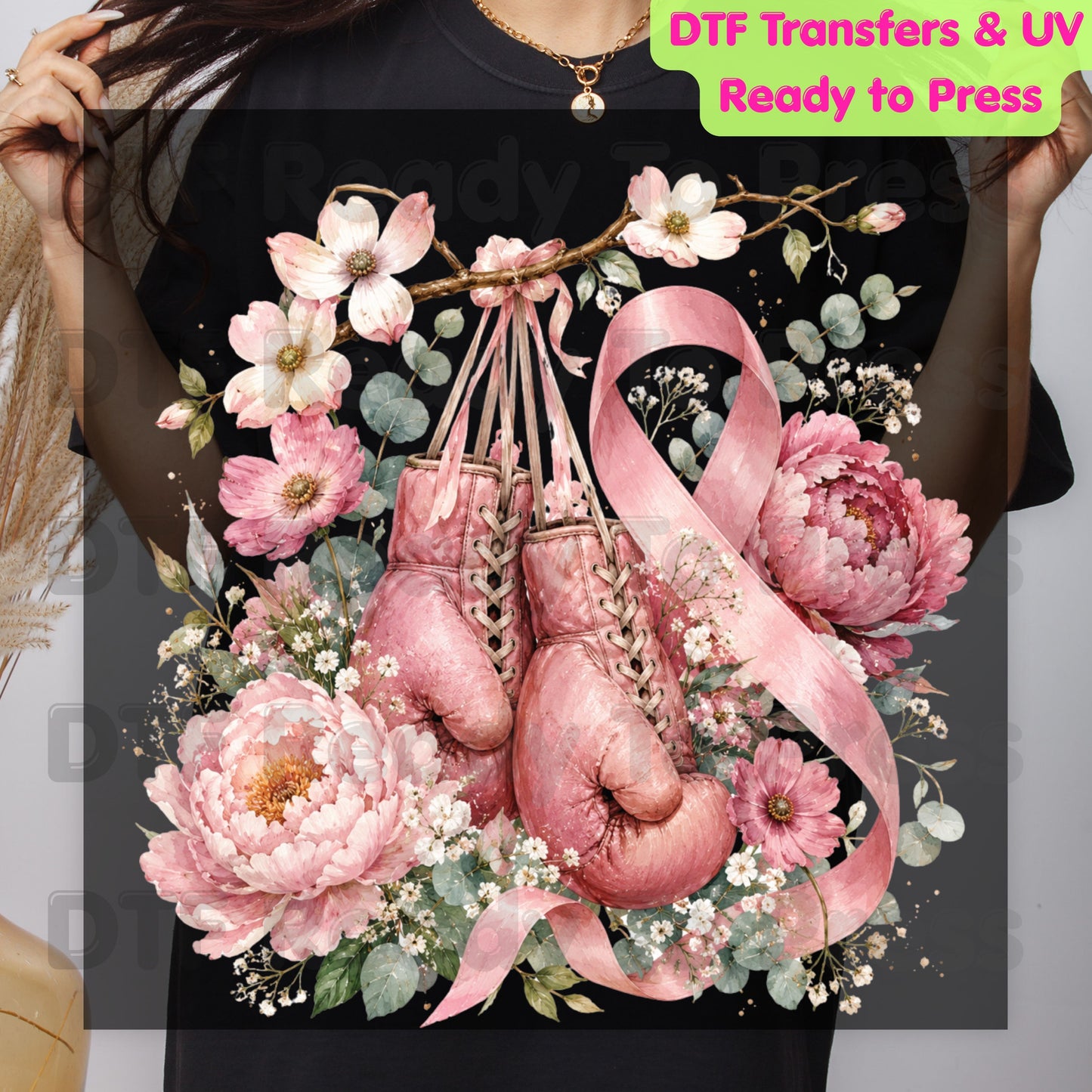 Pink Boxing Gloves Breast Cancer Awareness DTF Transfer Ready to Press Heat Transfer Floral Ribbon Tee