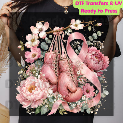 Pink Boxing Gloves Breast Cancer Awareness DTF Transfer Ready to Press Heat Transfer Floral Ribbon Tee