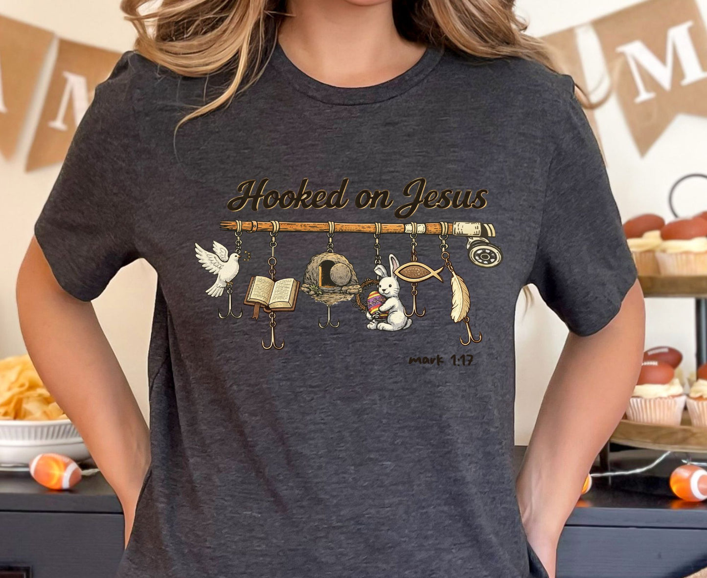Hooked On Jesus T Shirt Mark 1:17 Christian Fishing Tee Easter Faith Shirt Adult Youth Toddler Baby Religious Gift Fishers Of Men Tee Shirt