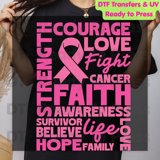 Courage Love Faith Breast Cancer Awareness DTF Transfer Ready to Press Heat Transfer Pink Ribbon Words Tee