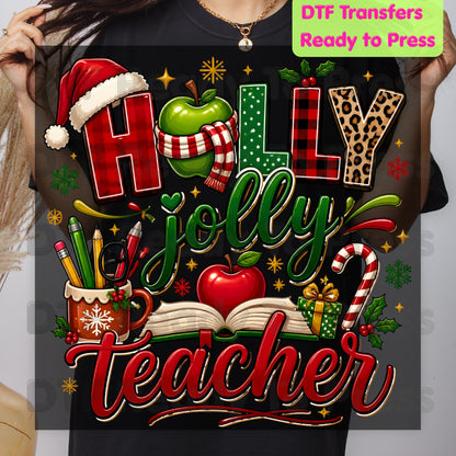 Holly Jolly Teacher DTF Transfers, Christmas School Apple Leopard Book Plaid Holiday Ready to Press