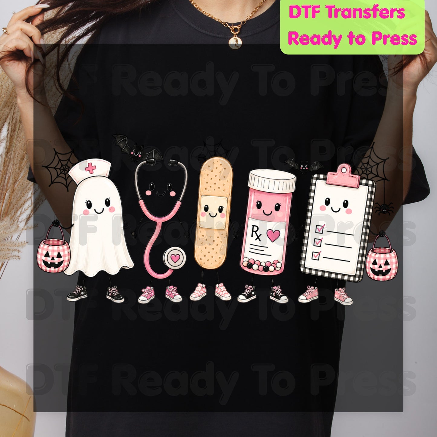 Pink Spooky Nurse Squad DTF Transfers, Halloween Ghost Stethoscope Medical Bandage Ready to Press