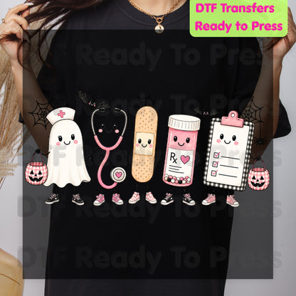 Pink Spooky Nurse Squad DTF Transfers, Halloween Ghost Stethoscope Medical Bandage Ready to Press