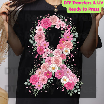 Floral Pink Ribbon Breast Cancer Awareness DTF Transfer Ready to Press Heat Transfer Survivor Tee