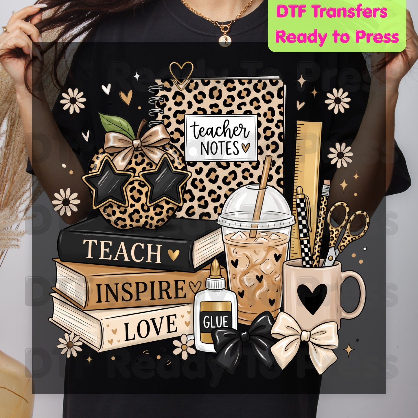 Teach Inspire Love Leopard Teacher DTF Transfers, Notebook Coffee Iced Drink Ready to Press