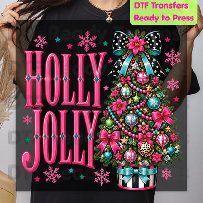 Christmas DTF Transfer, Holly Jolly Pink Christmas Tree, Bow and Snowflakes