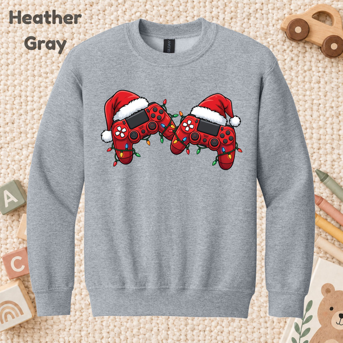 Christmas Gaming T-Shirt, Video Game Controller Santa Hat Holiday Lights Graphic Tee