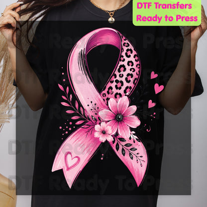 Leopard Floral Pink Ribbon Breast Cancer Awareness DTF Transfer Ready to Press Heat Transfer Tee
