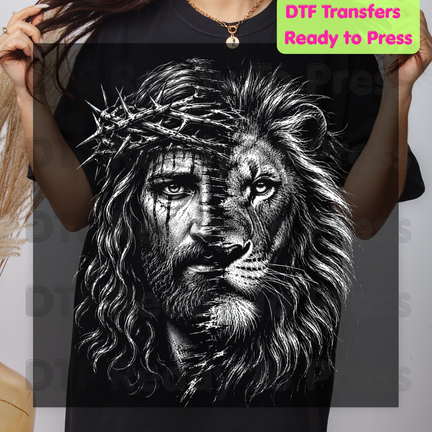 Jesus and Lion DTF Transfer Ready to Press Christian Heat Transfer for Shirts Crown of Thorns Religious Portrait Tee