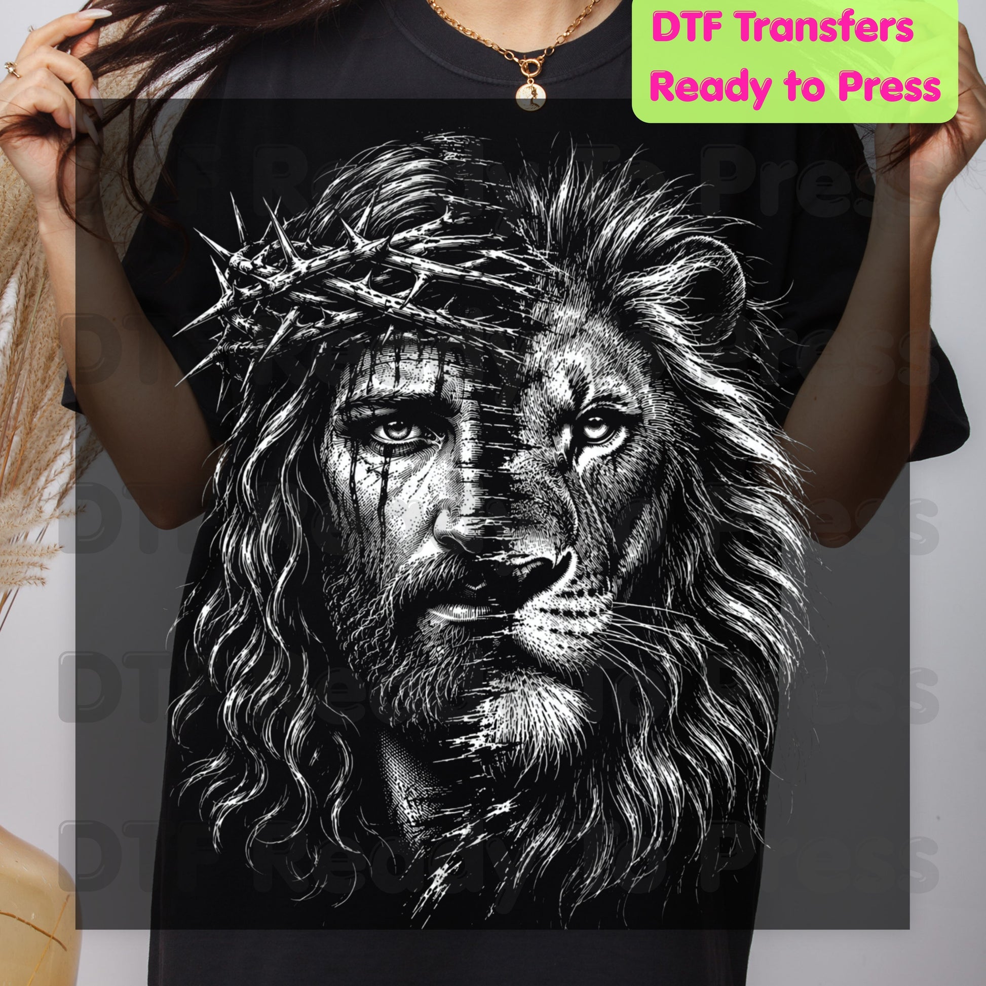 Jesus and Lion DTF Transfer Ready to Press Christian Heat Transfer for Shirts Crown of Thorns Religious Portrait Tee