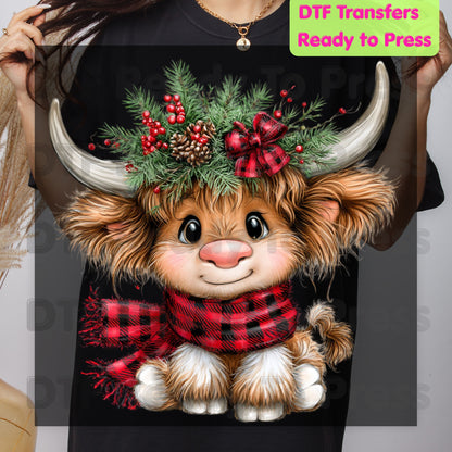 Baby Highland Cow DTF Transfers, Plaid Scarf Cute Christmas Holiday Ready to Press