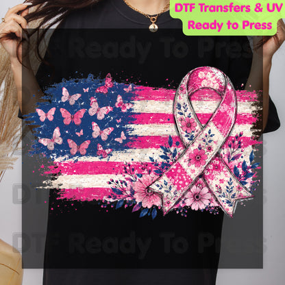American Flag Pink Ribbon Butterfly Breast Cancer Awareness DTF Transfer Ready to Press Heat Transfer Tee
