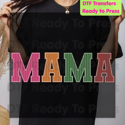 Mama DTF Transfers, Striped Colorful Retro Varsity Letter Mama Ready to Press