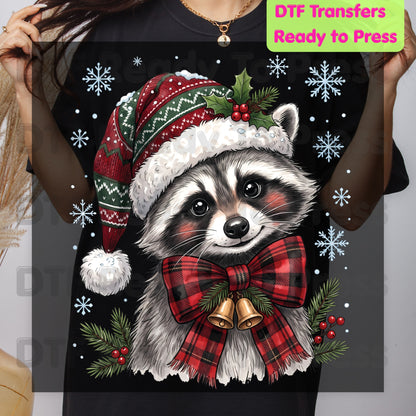 Christmas DTF Transfer, Raccoon Santa Hat, Buffalo Plaid Bow and Bells Graphic