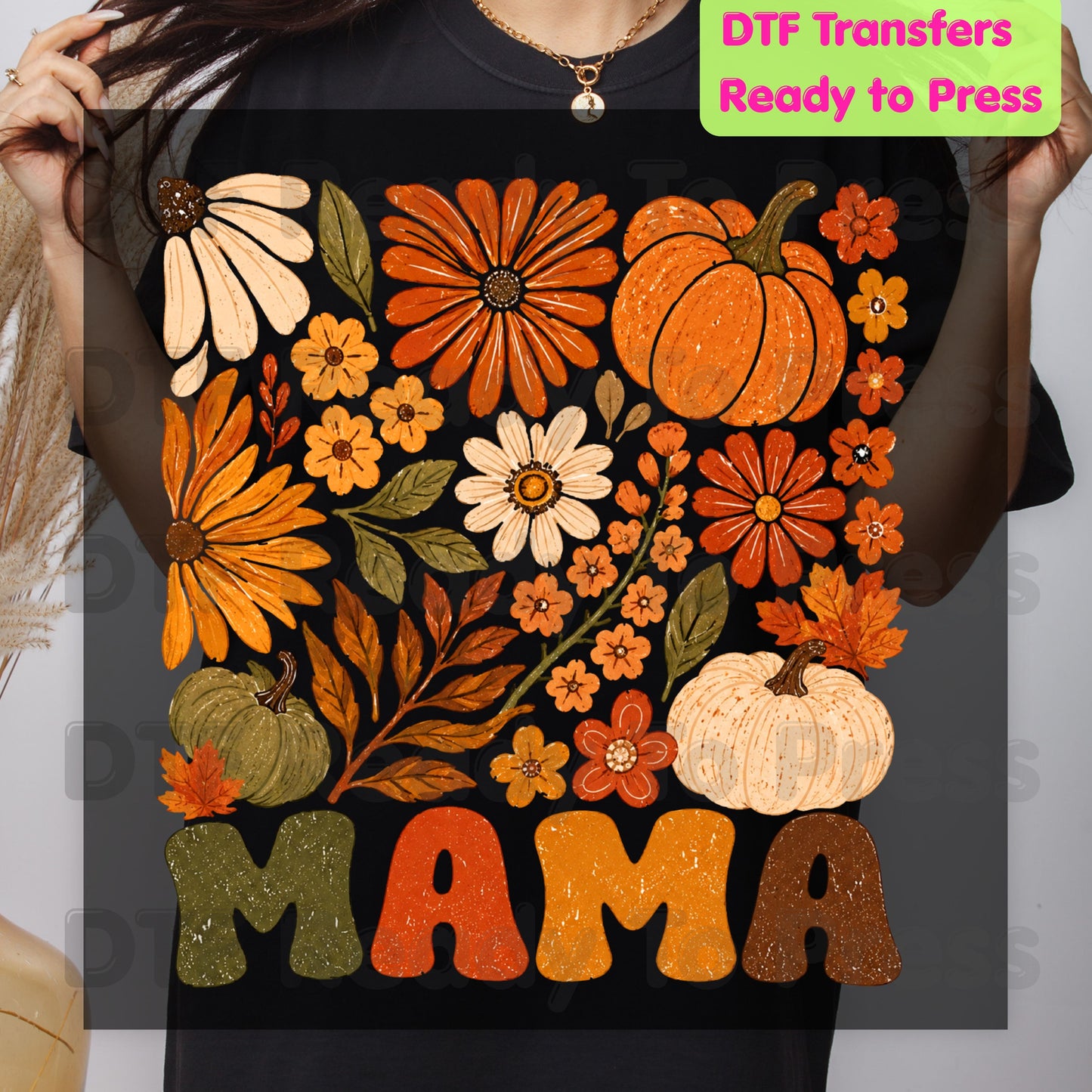 Mama Fall Floral Pumpkins DTF Transfers, Retro Groovy Autumn Flowers Thanksgiving Ready to Press