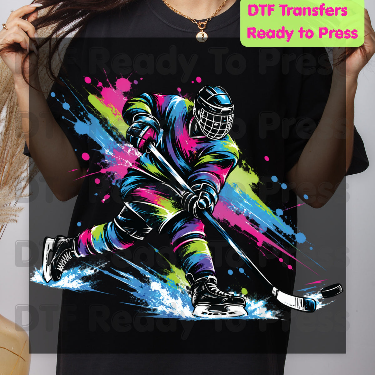 Hockey DTF Transfer, Colorful Ice Hockey Player with Paint Splatter Graphic