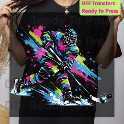 Hockey DTF Transfer, Colorful Ice Hockey Player with Paint Splatter Graphic