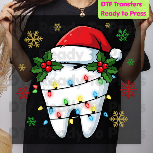 Christmas Tooth Santa Hat DTF Transfers, Dental Holiday Lights Snowflake Festive Ready to Press