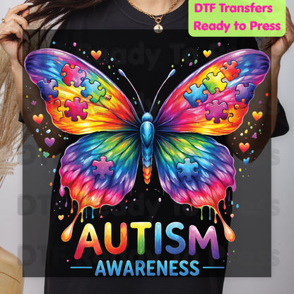 Autism Awareness DTF Transfer Ready to Press Rainbow Butterfly Puzzle Pieces Heat Transfer Tee Print Direct to Film Transfer