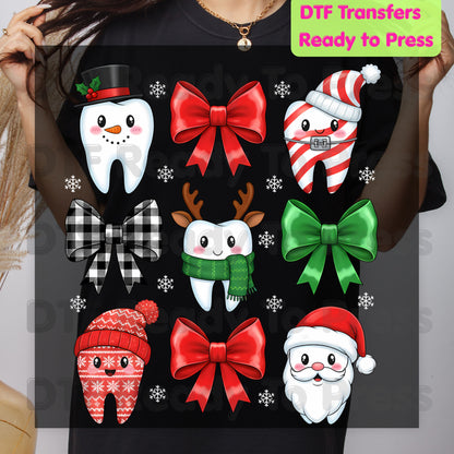Christmas Dental Squad DTF Transfers, Dental Teeth Bow Santa Reindeer Holiday Ready to Press