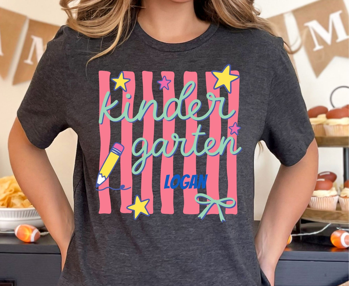 Comfort Colors® Custom Kindergarten Teacher Shirt Retro Stripe Kindergarten Team Tees Personalized Name T Shirt For Men Women Kids Elementary