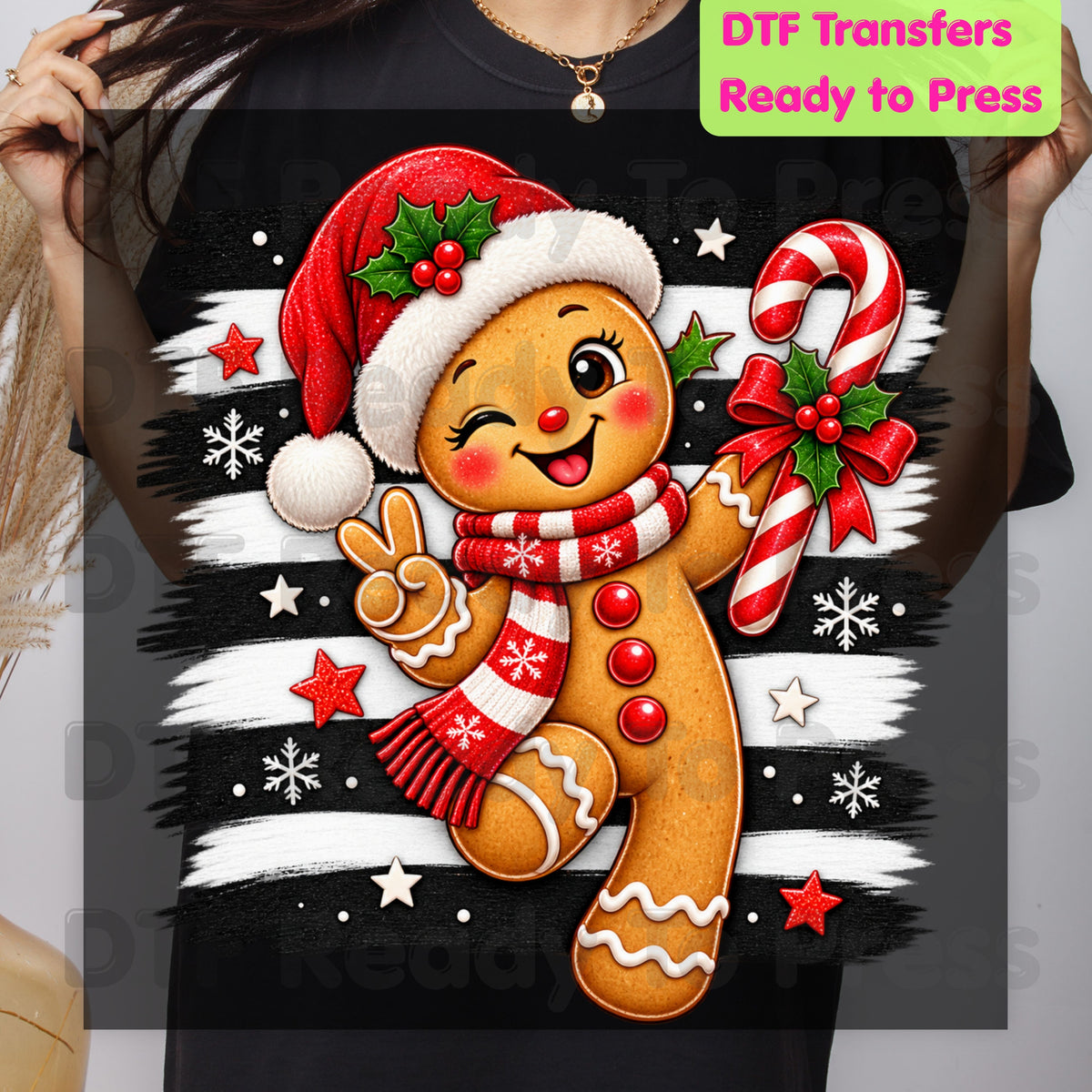 Gingerbread Man DTF Transfers, Candy Cane Santa Hat Black White Stripes Cute Christmas Ready to Press