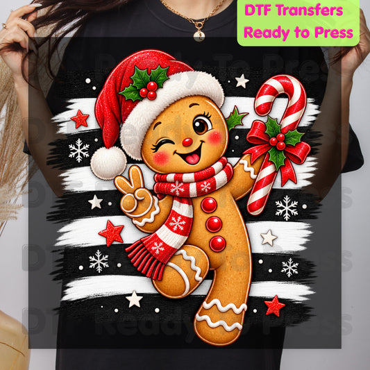 Gingerbread Man DTF Transfers, Candy Cane Santa Hat Black White Stripes Cute Christmas Ready to Press